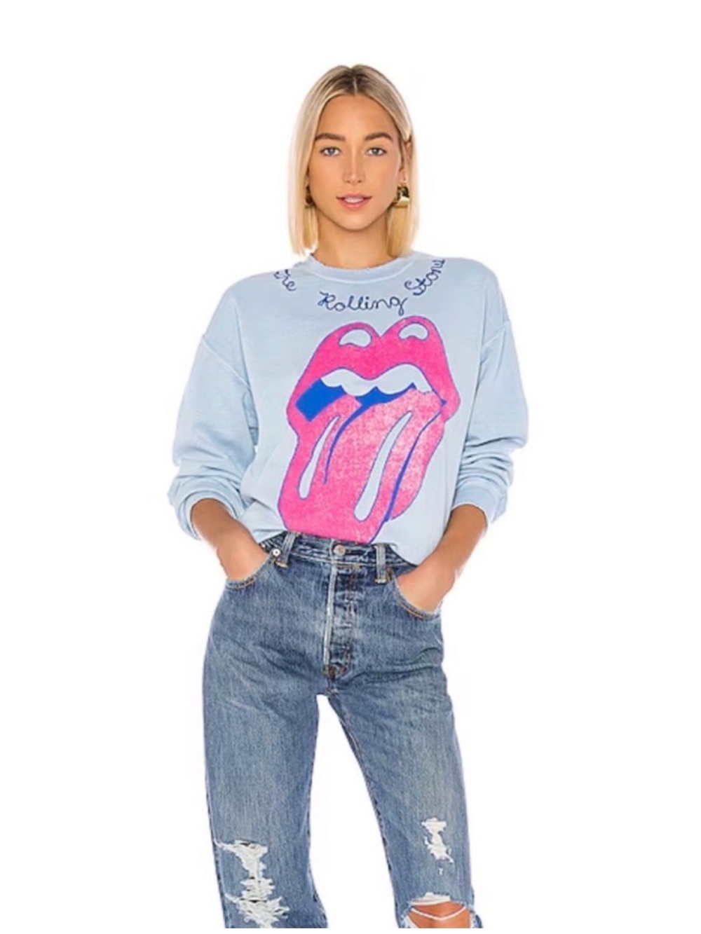 REVOLVE Light Blue Crewneck Sweatshirt with Pink & Blue Graphic